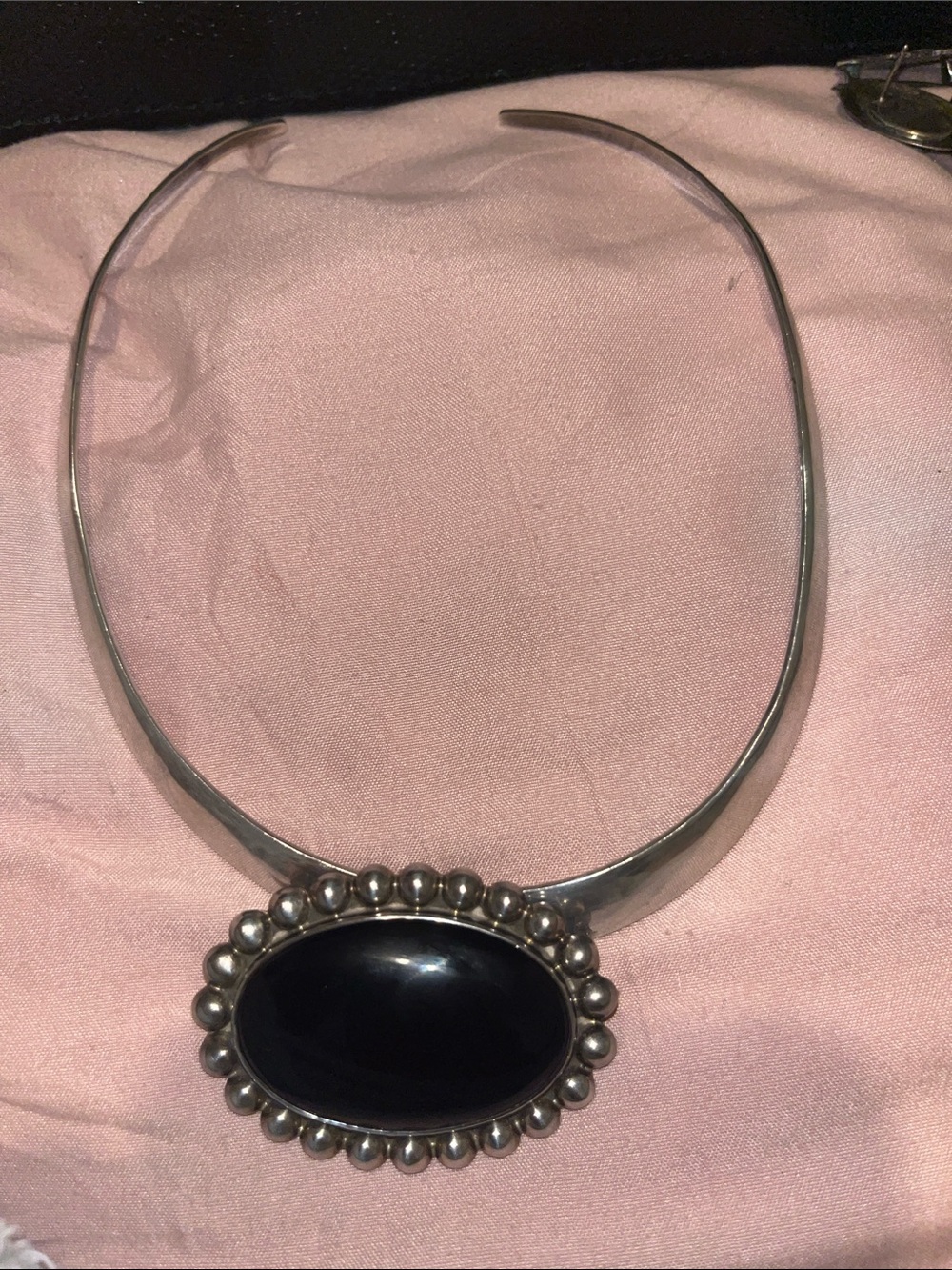 Silver Collar Necklace with Black Oval Stone Mexico